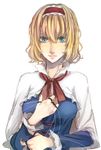  alice_margatroid bad_id bad_pixiv_id blonde_hair blue_eyes bow breasts capelet dress hair_bow hairband highres lips medium_breasts ribbon short_hair smile sofy solo string touhou 