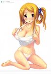  :p absurdres azuma_yuki barefoot blonde_hair blush breasts brown_eyes camisole cleavage covered_nipples full-face_blush hair_bobbles hair_ornament highres kneeling large_breasts navel nipples no_bra original panties scan see-through shirt side_ponytail solo tongue tongue_out underwear wet wet_clothes wet_panties wet_shirt white_panties 