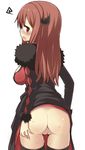  :o amaa_(chou_dennou_jidai) ass bad_id bad_pixiv_id black_legwear blush breasts dress from_behind fur_trim highres horns large_breasts long_hair looking_back maou_(maoyuu) maoyuu_maou_yuusha no_panties pussy red_eyes red_hair solo sweat tears thighhighs 