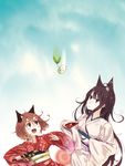  animal_ears black_hair blue_eyes blush brown_eyes brown_hair cat_ears cloud earrings hagoita hanetsuki hrd japanese_clothes jewelry kimono long_hair looking_up multiple_girls new_year obi open_mouth original paddle sash short_hair sky smile 