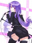  :o ass black_legwear coracola hair_ornament hairclip highres looking_at_viewer looking_back microphone microphone_stand open_mouth original purple_eyes purple_hair school_uniform serafuku skirt solo thighhighs zettai_ryouiki 