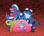  cigar clothed_pokemon ditto froakie frog grin gun hat middle_finger no_humans pokemon pokemon_(game) pokemon_xy politoed princefroggy seismitoad sitting skull smile smoking standing tongue tongue_out toxicroak weapon yellow_eyes 