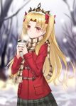  1girl bangs bare_tree blonde_hair blurry blurry_background blush bow breasts breath brown_scarf closed_mouth coat cowboy_shot cup day depth_of_field disposable_cup duffel_coat ereshkigal_(fate/grand_order) fate/grand_order fate_(series) forehead fringe_trim grey_skirt hair_bow highres holding holding_cup long_hair long_sleeves luobo_(nsnr8754) outdoors parted_bangs plaid plaid_scarf plaid_skirt pleated_skirt red_bow red_coat red_eyes scarf skirt snow snow_on_head snowing solo tears tiara tree two-handed two_side_up winter 