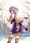  apron back bad_id bad_pixiv_id bloomers blue_eyes blush boots hat lavender_hair letty_whiterock looking_back purple_hair scarf short_hair skirt smile solo tamo_no_ko touhou tree underwear 