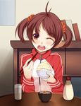  blush bowl brown_eyes brown_hair chopsticks food glass isshiki_akane jacket kurogoma_(haruhi3) mayonnaise one_eye_closed open_mouth rice rice_bowl short_hair solo track_jacket twintails vividred_operation 