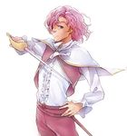  capelet falsetto_(suite_precure) kurochiroko looking_at_viewer male_focus pink_hair precure purple_eyes simple_background solo suite_precure sword weapon white_background 