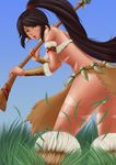  ass brown_hair facial_mark fur grass green_eyes groom222 league_of_legends long_hair nidalee open_mouth panties pantyshot polearm ponytail solo spear tribal underwear weapon white_panties 