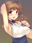  ahoge arm_up armpit_hair armpits blue_eyes blush braid breasts brown_hair em eyebrows hair_tie large_breasts long_hair lynette_bishop open_mouth simple_background single_braid sleeveless solo strike_witches world_witches_series wristband 