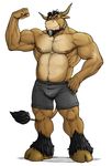 beard biceps bovine brown_eyes brown_fur bulge cattle chubby clothed clothing facial_hair flexing fur hair half-dressed hooves looking_at_viewer male mammal maxima musclegut muscles nipples pecs pose shorts solo standing topless vein veins 