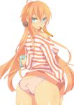  ass bad_id bad_pixiv_id from_behind genderswap genderswap_(mtf) glasses inazuma_eleven_(series) inazuma_eleven_go kirino_ranmaru long_hair looking_at_viewer looking_back memeo_(candy_house) mouth_hold orange_hair panties simple_background smile solo underwear very_long_hair white_background 