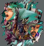  blonde_hair blue_hair bow bowtie caesar_anthonio_zeppeli facial_hair gyro_zeppeli hat iu jojo_no_kimyou_na_bouken long_hair male_focus multiple_boys mustache ribbon steel_ball_run top_hat upside-down will_anthonio_zeppeli 