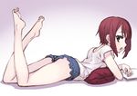  bad_id bad_pixiv_id bare_legs barefoot book brown_hair casual green_eyes kousaka_yukiho legs_up looking_at_viewer love_live! love_live!_school_idol_project lying matsuryuu on_stomach open_book open_mouth pillow short_hair short_shorts shorts sketch solo toes 