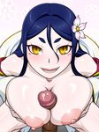  2013 black_hair blue_hair blush breast_hold breasts fang flower hair_flower hair_ornament hetero highres huge_breasts kurojiya looking_at_viewer new_year open_mouth original paizuri penis solo_focus tongue yellow_eyes 