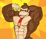  anthro ape beige_skin biceps big_muscles brown_fur clothed clothing donkey_kong donkey_kong_(series) donkey_kong_country english_text flexing fur gorilla half-dressed hand_on_head looking_at_viewer male mammal muscles navel necktie nintendo nude open_mouth pecs plain_background pose primate raised_arm ripped-saurian solo standing text tongue topless video_games yellow_background 