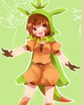  black_eyes brown_hair cape chespin gen_6_pokemon gloves green_background highres hood hoodie open_mouth personification pokemon short_hair solo tail takeshima_(nia) 