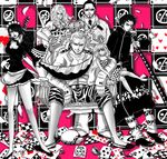  3boys 3girls absurdres baby_5 black_hair card chair cigarette donquixote_doflamingo donquixote_pirates dress dressrosa formal frown green_eyes hair_over_one_eye hat hat_removed headwear_removed highres joker jolly_roger leaning_back long_hair looking_at_viewer luneisweenysweet maid maid_headdress monet_(one_piece) multiple_boys multiple_girls nodachi one_piece open_clothes open_shirt playing_card playing_cards polka_dot polka_dot_dress punk_hazard sheath sheathed shichibukai shirt short_hair sisters sitting smirk smoke smoking standing sugar_(one_piece) suit sunglasses sword throne trafalgar_law vergo virgo_(one_piece) weapon 