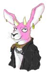  2019 anthro buckteeth chain clothed clothing collar demon digital_drawing_(artwork) digital_media_(artwork) ear_piercing front_view fur hi_res horn jacket jewelry lagomorph leather leather_jacket long_ears looking_at_viewer madlag male mammal multicolored_fur piercing pink_fur portrait pose rabbit smile solo solo_focus standing teeth two_tone_fur 