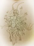  antennae breasts heart heart_hands insect_girl kanemaki_thomas large_breasts monochrome monster_girl multiple_arms nipples no_pupils original solo traditional_media 