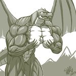  abs biceps breasts claws dragon female invalid_tag mountain muscles muscular_female navel nude pussy reptile scalie solo spikes swemu wings 