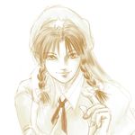  bad_id bad_pixiv_id braid face hong_meiling long_hair looking_at_viewer masa_takeaki monochrome pointy_ears sepia smile solo touhou twin_braids white_background 
