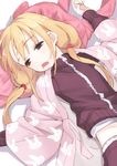  bad_id bad_pixiv_id blonde_hair drooling futaba_anzu idolmaster idolmaster_cinderella_girls jacket long_hair low_twintails lying matsuryuu open_mouth panties solo stuffed_animal stuffed_bunny stuffed_toy track_jacket twintails underwear 