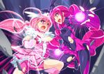  bad_end_happy bad_end_precure bat_wings battle bike_shorts black_bodysuit blush bodysuit bow choker colorized cure_happy dark_persona debris dress duel earrings fingerless_gloves frills gloves glowing happy_shower head_wings heart heart_hands hoshizora_miyuki jewelry long_hair magical_girl mtu_(orewamuzituda) multiple_girls open_mouth pink pink_bow pink_choker pink_eyes pink_hair pink_shorts pink_skirt precure shorts skirt smile_precure! tiara torn_clothes twintails very_long_hair wings 