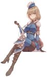  1girl armor bangs blue_hat blue_legwear blue_shirt boots breasts brown_bodysuit brown_eyes brown_footwear brown_gloves brown_hair elbow_pads eyebrows_visible_through_hair full_body gloves hat highres invisible_chair knee_pads legs_crossed looking_at_viewer medium_breasts monster_hunter monster_hunter:_world shield shirt simple_background sitting solo white_background xuan_(pixiv31113827) 