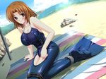  13cc 1girl beach blue_swimsuit blush breasts brown_hair costume day female game_cg huge_breasts love_bind mermaid_costume ocean purple_eyes sand sea shibasaki_nozomi short_hair sitting solo sun swimsuit towel water 