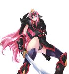  animal animal_on_head bird blue_eyes breasts from_below haganef huge_breasts jinrai katana long_hair mecha_musume on_head open_mouth pink_hair sheath simple_background solo super_robot_wars sword the_2nd_super_robot_wars_og thighhighs thighs very_long_hair weapon white_background 