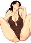  bare_shoulders blush breasts cleavage huge_breasts lips long_hair lying mature nipples on_back one-piece_swimsuit open_mouth original pussy_juice solo sweat swimsuit takasugi_kou 