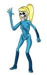  blonde_hair bodysuit dia_de_los_muertos emaciated full_body long_hair mario_grant metroid ponytail samus_aran simple_background skeleton solo waving white_background zero_suit 