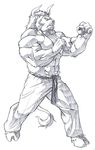  anthro beard belt biceps big_muscles bovine cattle clothed clothing echin facial_hair feline flexing fur hair half-dressed hooves horn hybrid lion male mammal martial_arts monochrome muscles pants pecs plain_background pose sketch solo standing toned topless trousers uniform vein white_background 