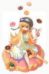  araragi_koyomi bakemonogatari barefoot blonde_hair blush chibi choco_fashion cosplay doughnut dress drink food french_cruller goggles golden_chocolate halftone halftone_background helmet hidaka_(azurite) long_hair mister_donut monogatari_(series) mouth_hold old-fashioned_doughnut oshino_shinobu oversized_object pon_de_lion pon_de_lion_(cosplay) pon_de_ring pon_de_strawberry solo strawberry_custard_french white_background yellow_eyes 