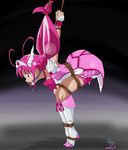  1girl aozora_p arms_behind_back ball_gag bdsm bike_shorts black_background bondage boots bound crown cure_happy female formal gag gagged helpless hoshizora_miyuki long_hair magical_girl pink_eyes pink_hair precure rope saliva simple_background skirt smile_precure! solo strappado suit tears twintails 