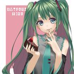  bad_id bad_pixiv_id cake character_name detached_sleeves eating food green_eyes green_hair hatsune_miku highres kosagi_midori long_hair necktie solo tongue twintails vocaloid 