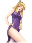  alternate_costume bad_id bad_pixiv_id blonde_hair breasts china_dress chinese_clothes dress floral_print hair_ribbon hat looking_at_viewer medium_breasts mini_hat mochi.f moriya_suwako older open_mouth purple_dress ribbon side_slit solo touhou yellow_eyes 