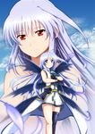  black_legwear blue_eyes blush book book_of_the_azure_sky cloud day feathers fingerless_gloves gloves hair_ribbon highres inoshira long_hair lyrical_nanoha mahou_shoujo_lyrical_nanoha mahou_shoujo_lyrical_nanoha_a's mahou_shoujo_lyrical_nanoha_strikers multiple_girls multiple_wings nude projected_inset red_eyes reinforce reinforce_zwei ribbon silver_hair single_hair_intake single_thighhigh sky smile thighhighs wings 