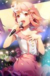  :d bow collarbone flower frills gilse glowstick hair_bow hair_ornament hairpin hand_on_own_chest holding microphone music open_mouth pink_hair purple_hair red_eyes short_hair short_sleeves side_ponytail singing skirt smile striped sword_girls 