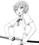  apron blush greyscale hair_ornament hairclip inami_mahiru monochrome sheath short_hair solo suzushiro_nazuna sweatdrop sword unsheathing waitress weapon working!! 