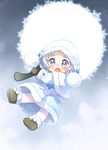  :o blue_eyes blue_hair blush child coat eyebrows hood hoodie kito_(sorahate) looking_at_viewer mittens original pantyhose short_hair snow snowflakes solo thick_eyebrows white_legwear 