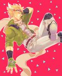  bad_id bad_pixiv_id blonde_hair caesar_anthonio_zeppeli facial_mark feathers fingerless_gloves gloves green_eyes green_jacket hair_feathers headband jacket jojo_no_kimyou_na_bouken male_focus nico2gn scarf solo 