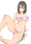  bare_shoulders bikini black_hair blush breasts brown_eyes brown_hair cameltoe cleavage frills head_tilt looking_at_viewer medium_breasts muffin_(sirumeria) navel open_mouth original short_hair simple_background solo spread_legs swimsuit 