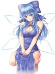  alternate_breast_size alternate_costume alternate_hair_length alternate_hairstyle bad_id bad_pixiv_id barefoot blue_eyes blue_hair bow breasts china_dress chinese_clothes cirno cleavage cleavage_cutout dress hair_bow ice ice_wings large_breasts long_hair looking_at_viewer mochi.f older side_slit simple_background smile solo touhou white_background wings 