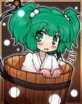  blush bucket eruru_(erl) frame green_eyes green_hair hair_bobbles hair_ornament hat highres in_bucket in_container japanese_clothes kimono kisume long_sleeves looking_at_viewer open_mouth solo touhou twintails wooden_bucket yukata 