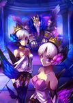  2girls armor bare_shoulders beard blue_eyes breasts cape choker cleavage collarbone crown dress facial_hair father_and_daughter griselda_(odin_sphere) gwendolyn hair_bun kara_(color) large_breasts looking_at_viewer low_wings medium_breasts multiple_girls mustache odin_(odin_sphere) odin_sphere purple_eyes siblings sisters sitting strapless strapless_dress thighhighs throne tiara valkyrie white_hair wings 