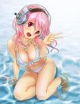  bikini breasts cleavage headphones highres hiroki_shin jewelry large_breasts long_hair navel necklace nitroplus partially_submerged pink_hair red_eyes solo super_sonico swimsuit water 
