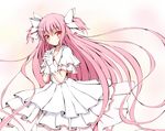  aikawa_ryou blush bow dress gloves hair_bow hands_clasped interlocked_fingers kaname_madoka long_hair looking_at_viewer mahou_shoujo_madoka_magica own_hands_together pink_hair red_eyes smile solo two_side_up ultimate_madoka very_long_hair white_dress white_gloves 