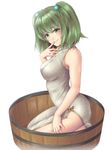  alternate_costume bad_id bad_pixiv_id blush breasts bucket china_dress chinese_clothes dress green_eyes green_hair hair_bobbles hair_ornament in_container kisume large_breasts mochi.f older short_hair smile solo touhou twintails wooden_bucket 