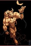  anthro biceps blue_eyes bovine brown_fur chain feather fur guardian-beast hooves horn hyper_muscles loincloth male mammal minotaur muscles pecs pose solo standing underwear 