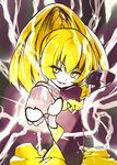  bad_end_peace bad_end_precure black_bodysuit blonde_hair bodysuit dark_persona electricity errant fingerless_gloves gloves long_hair precure skirt smile smile_precure! solo v yellow_eyes 